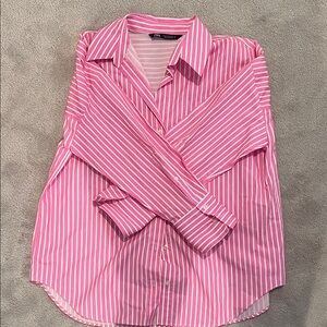 Zara Pink and White Striped Button Down Shirt